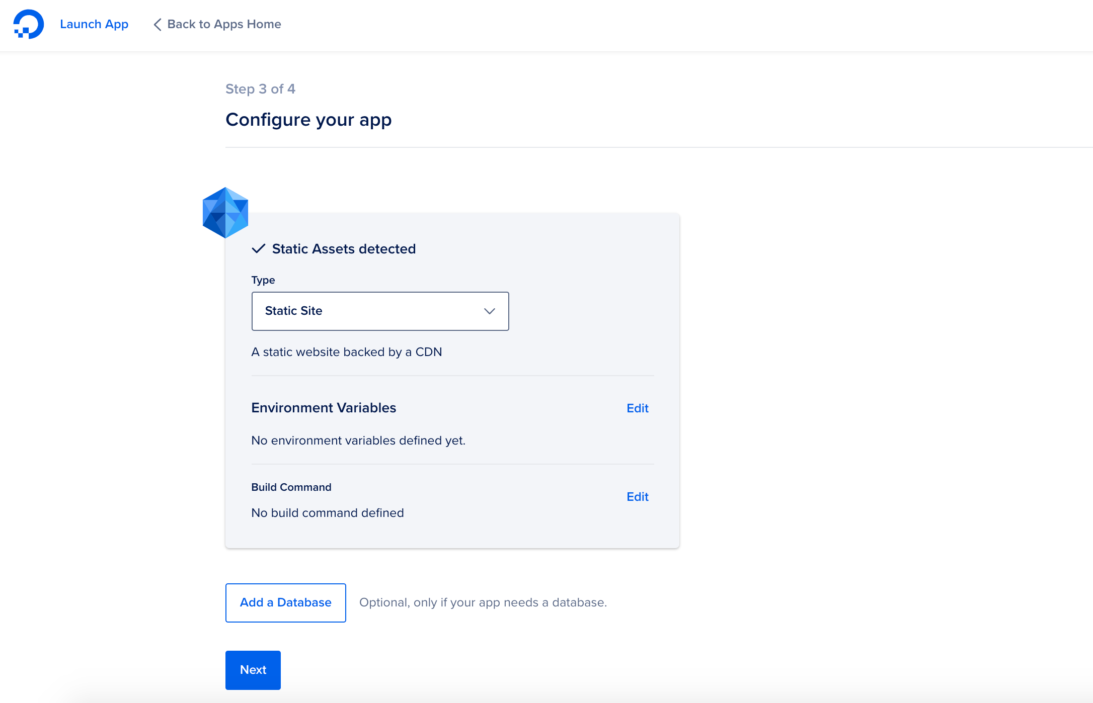App Platform webpage for configuring your app
