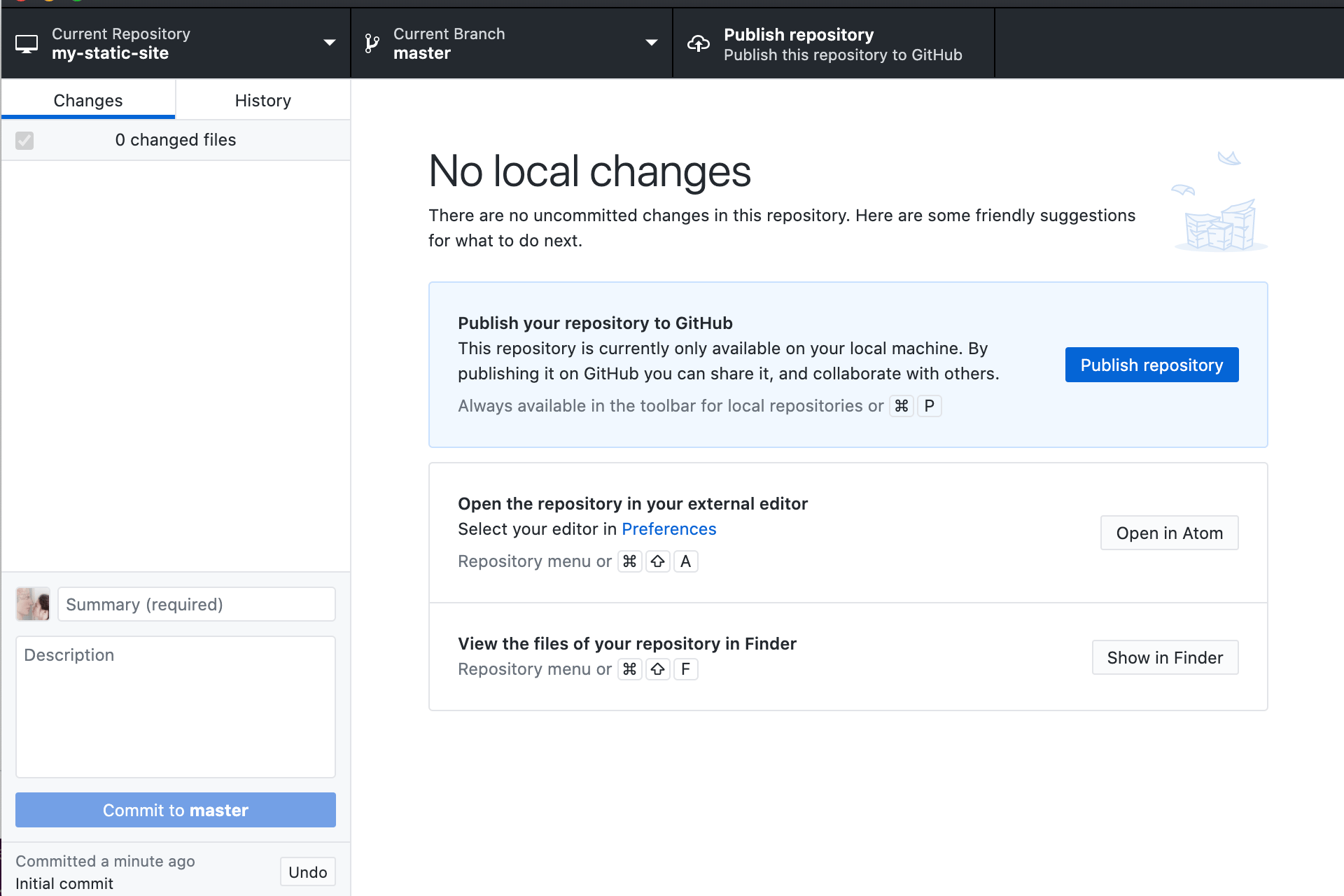 Image of newly-created repository on GitHub Desktop app