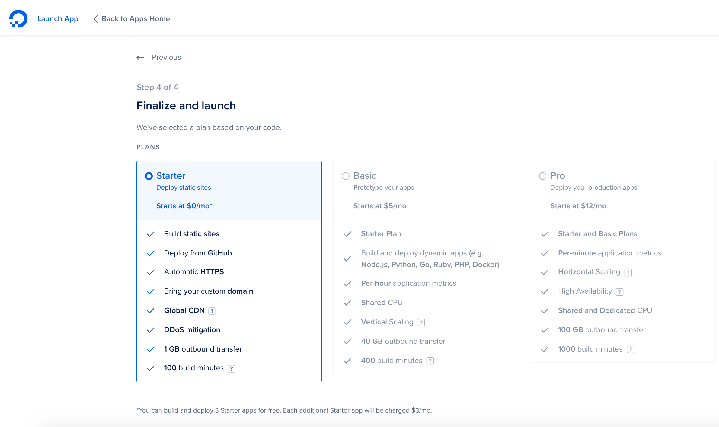 App Platform page for selecting payment plan