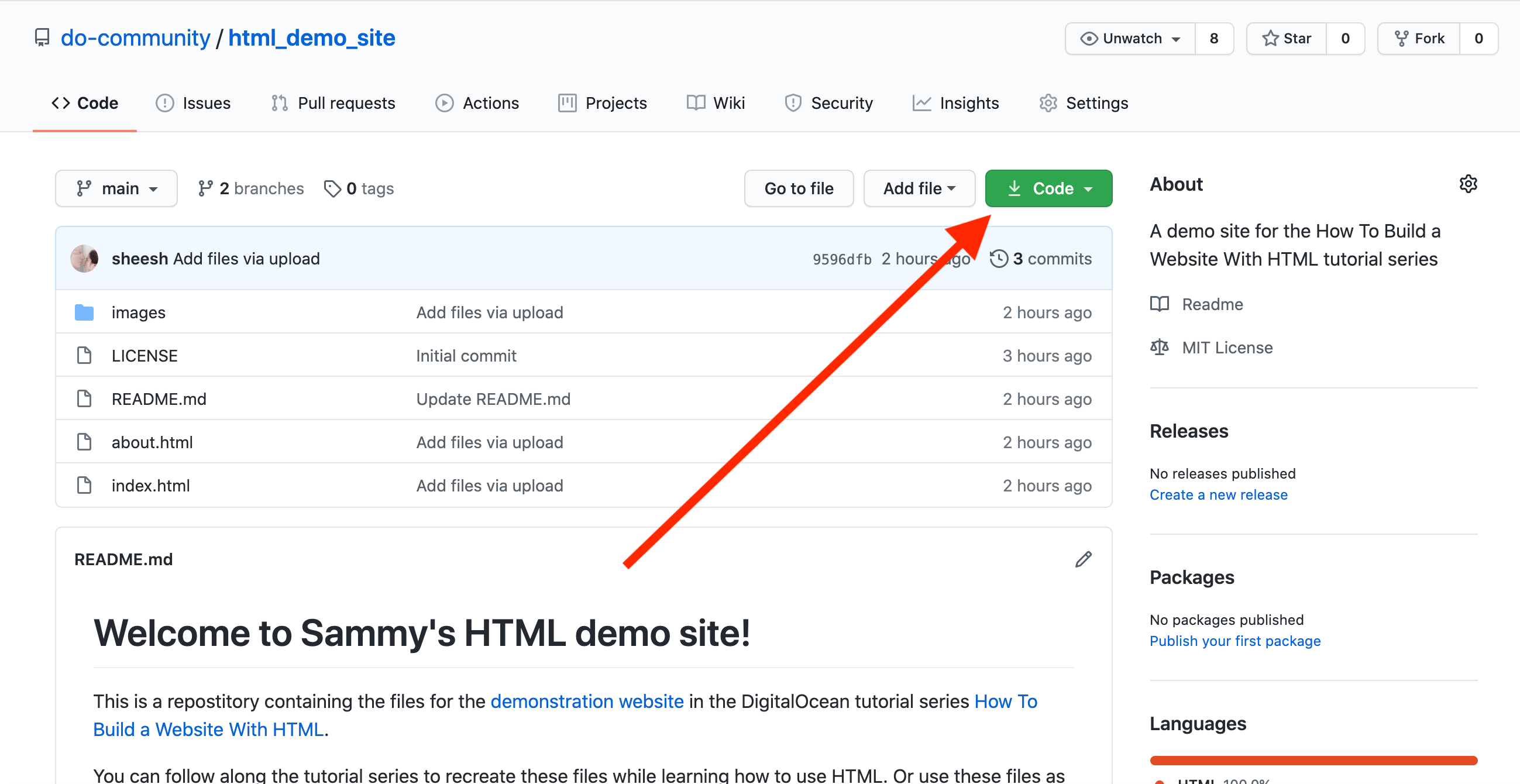 Arrow pointing to “Code” button on GitHub repository page