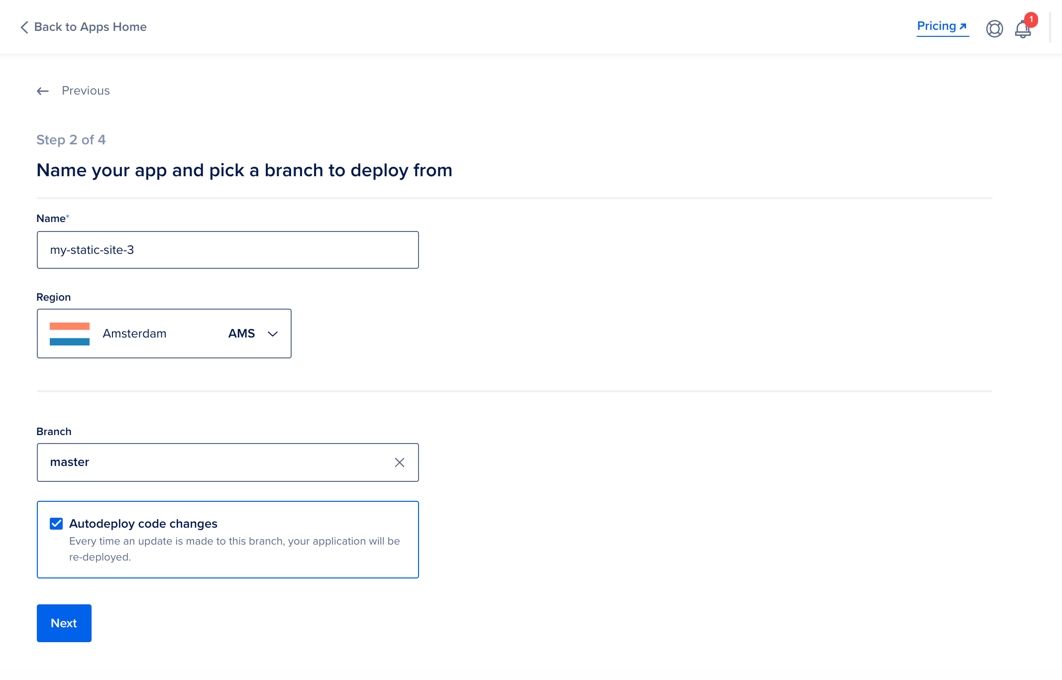 Choosing name and branch of repository window on the App Platform