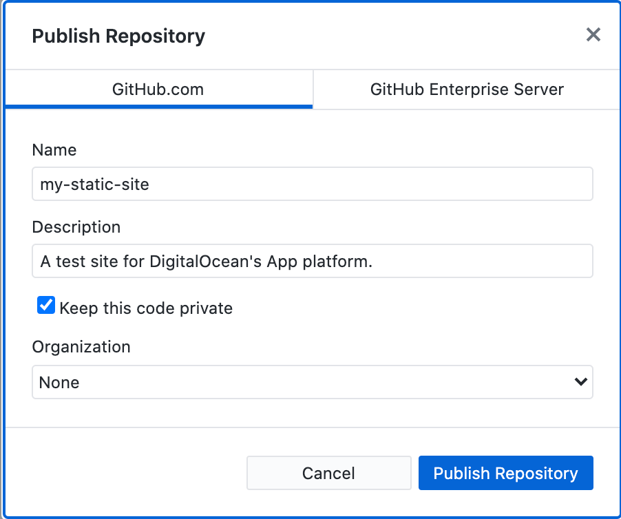 Image of details for publishing the repo