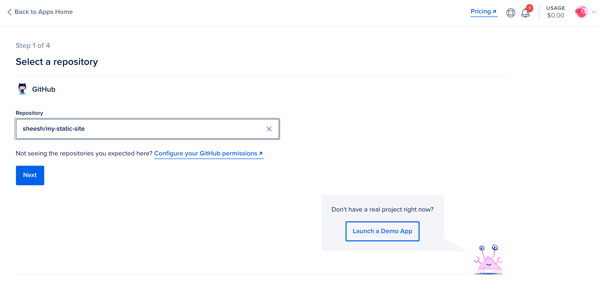 App Platform webpage displaying menu for selecting repository