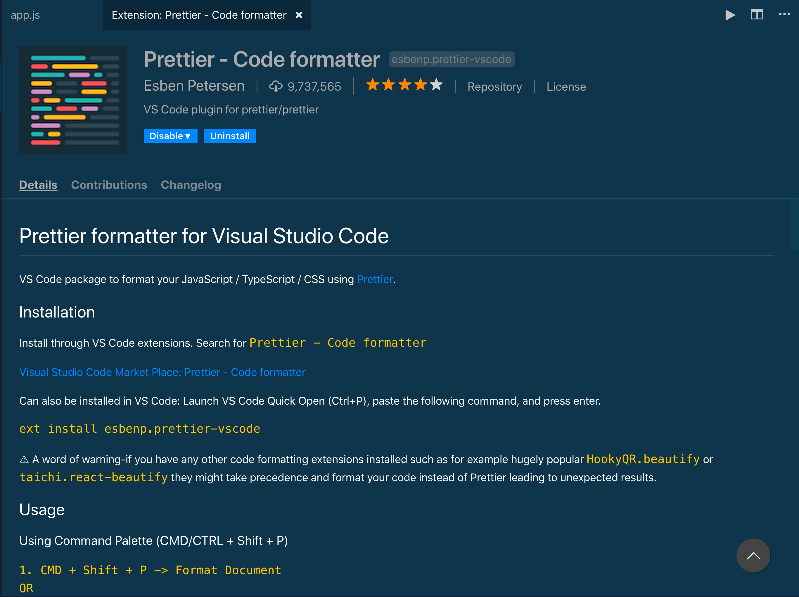 Extension Prettier readme