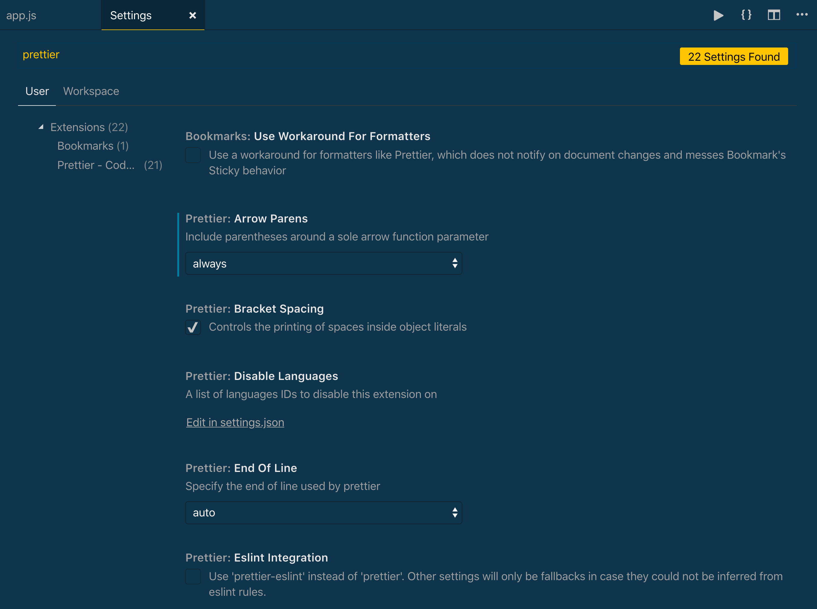 Paramètres de configuration pour Prettier