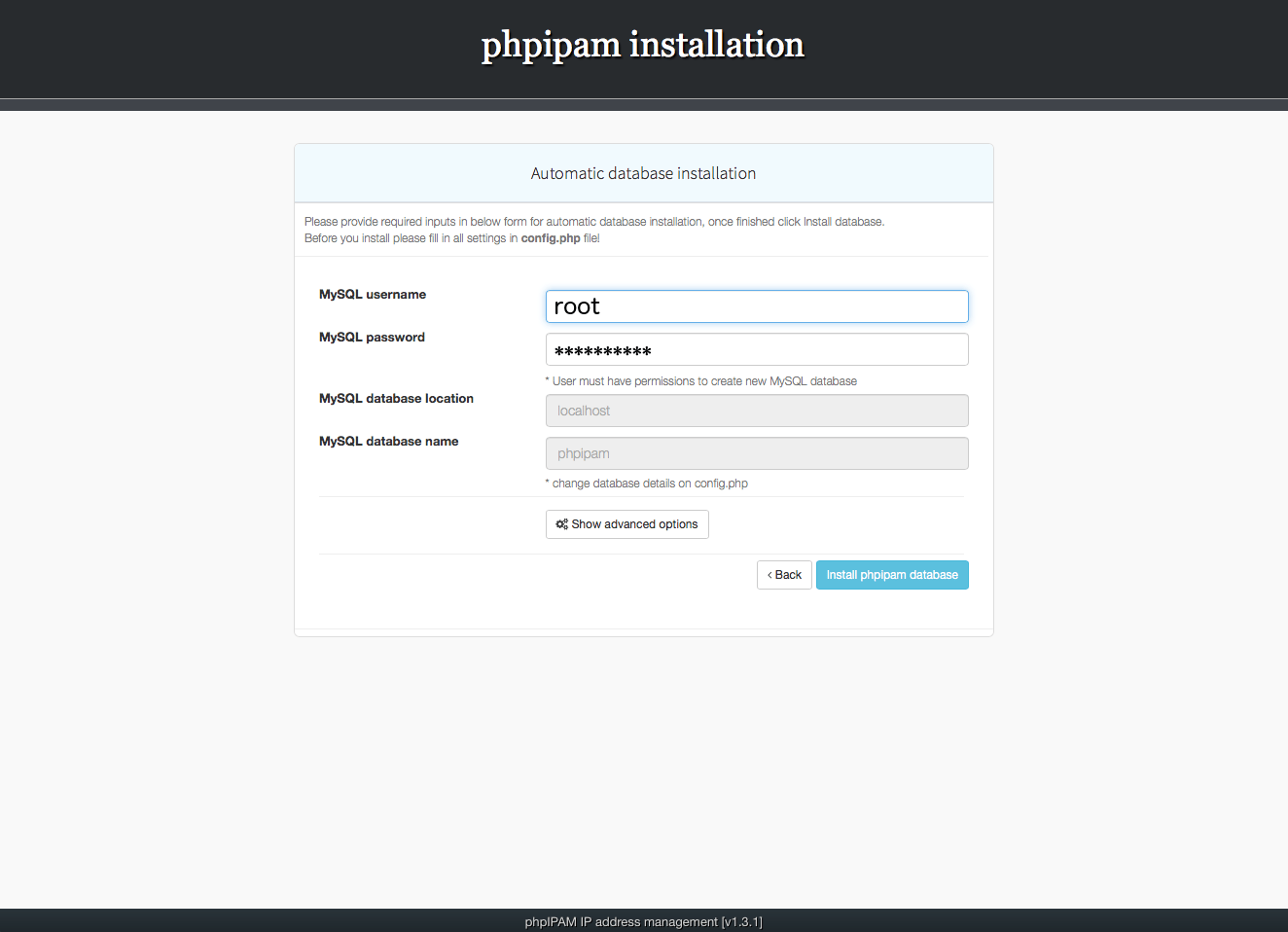 Installing phpIPAM, step 3