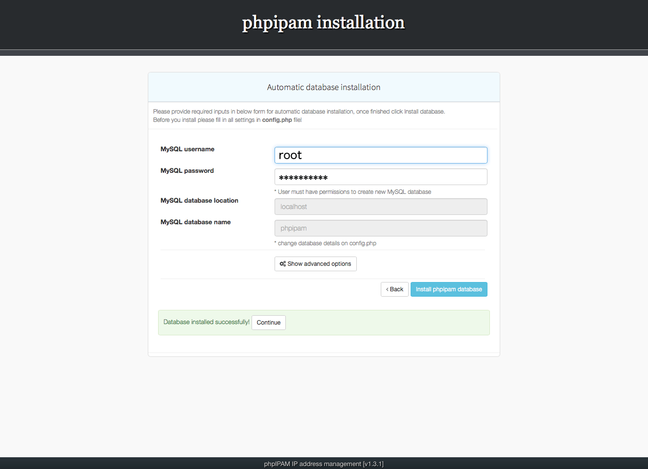 Installing phpIPAM, step 4