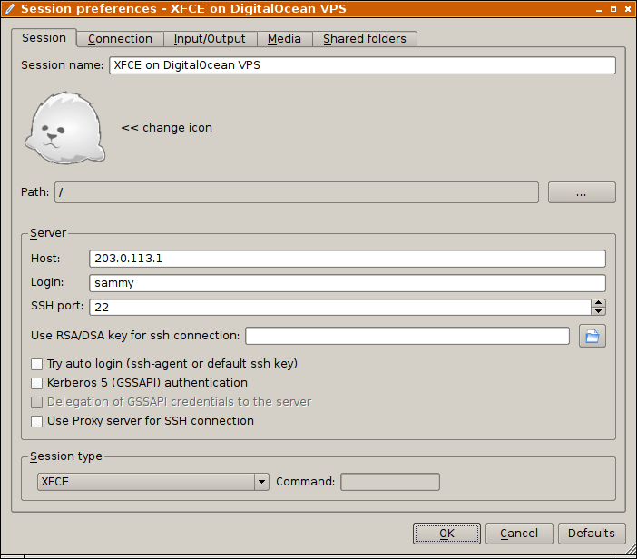 X2Go Client Screenshot - Creating a New Session
