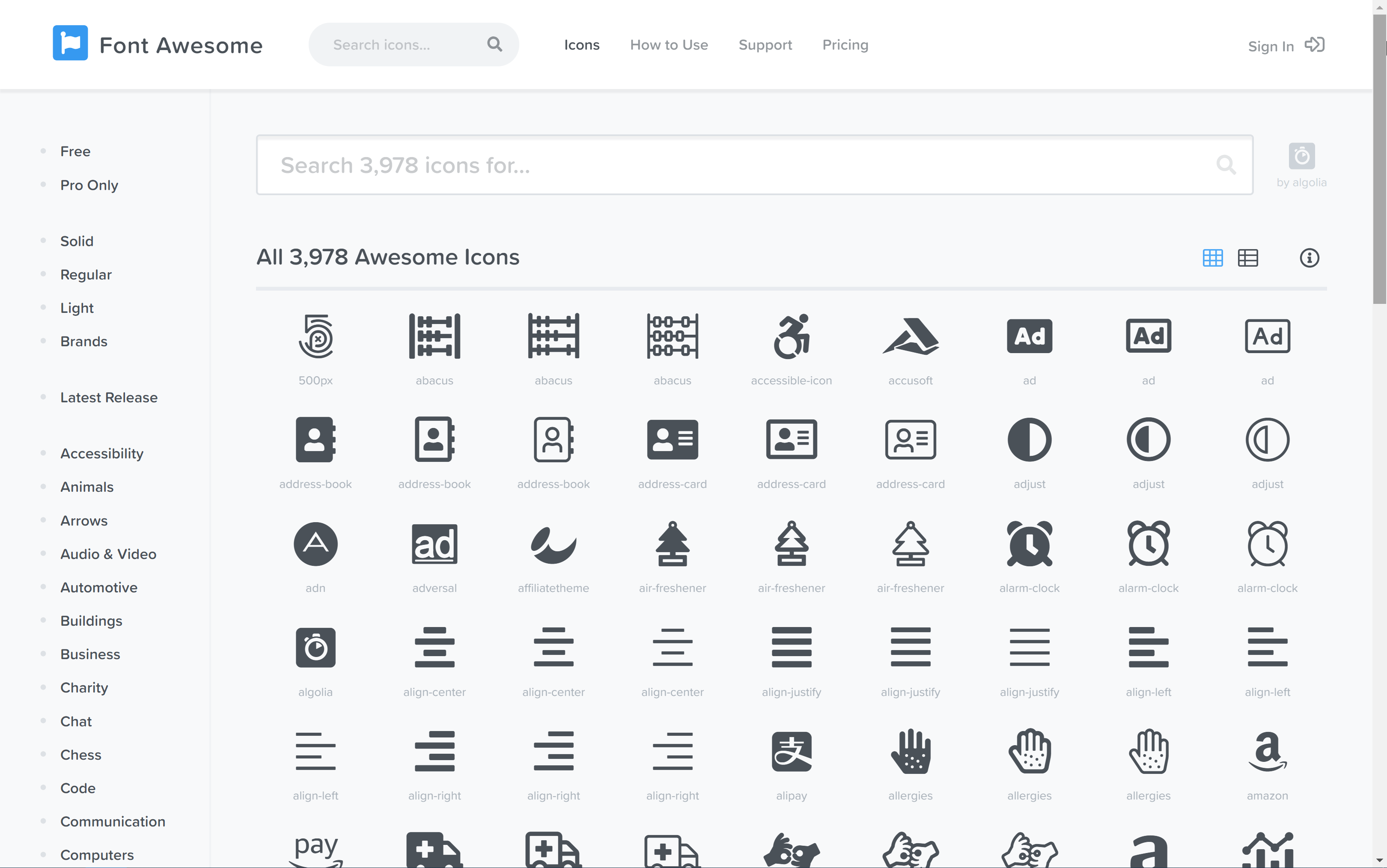 Font Awesome-Website mit ihren Symbolen