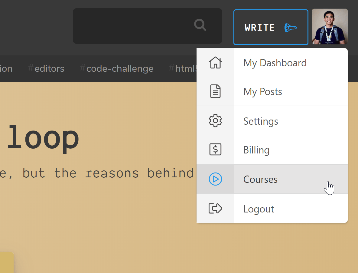 Scotch Website mit Menü-Dropdown und „Courses“ hervorgehoben