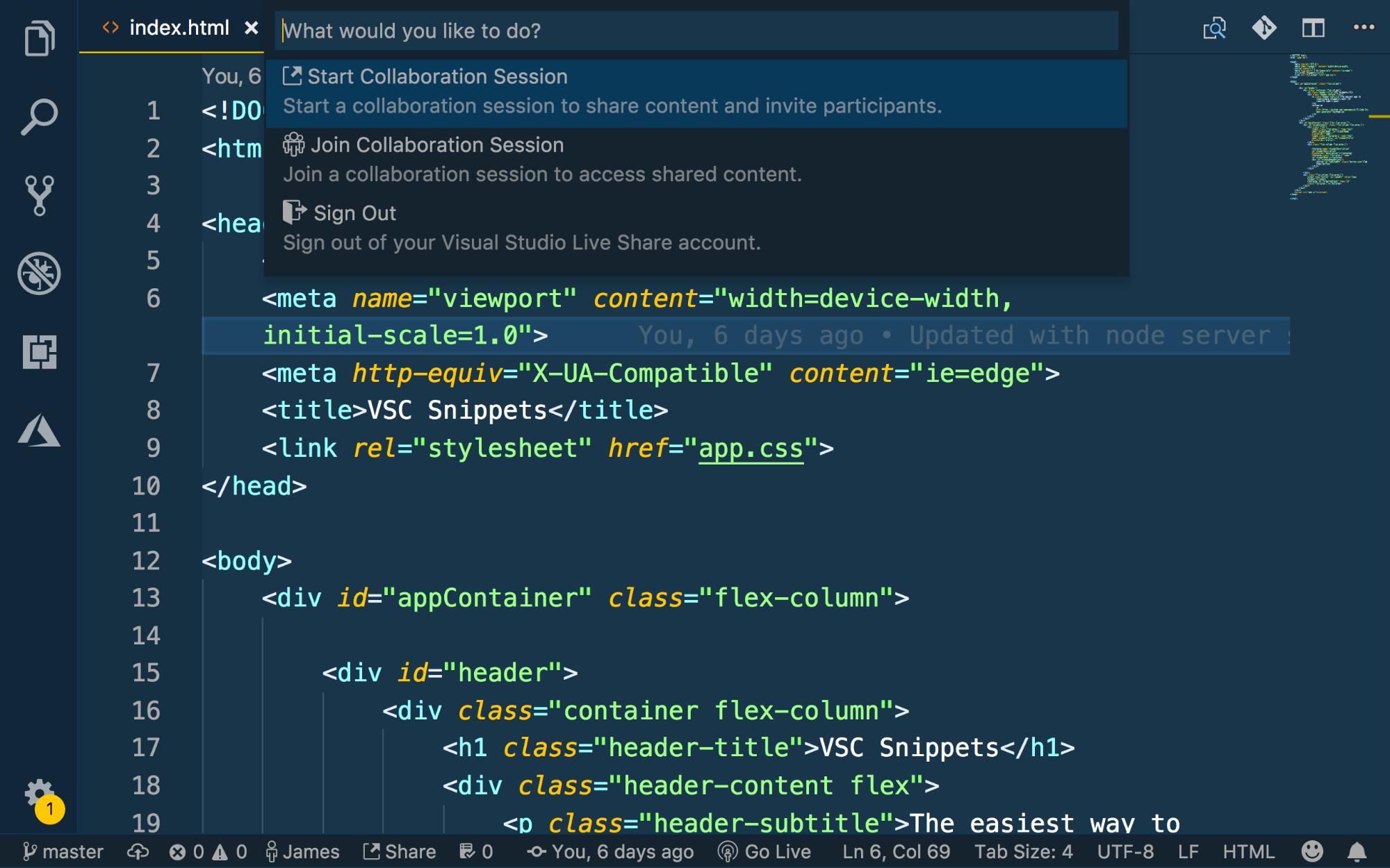 Command Pallete open with Start Collaboration Session selected