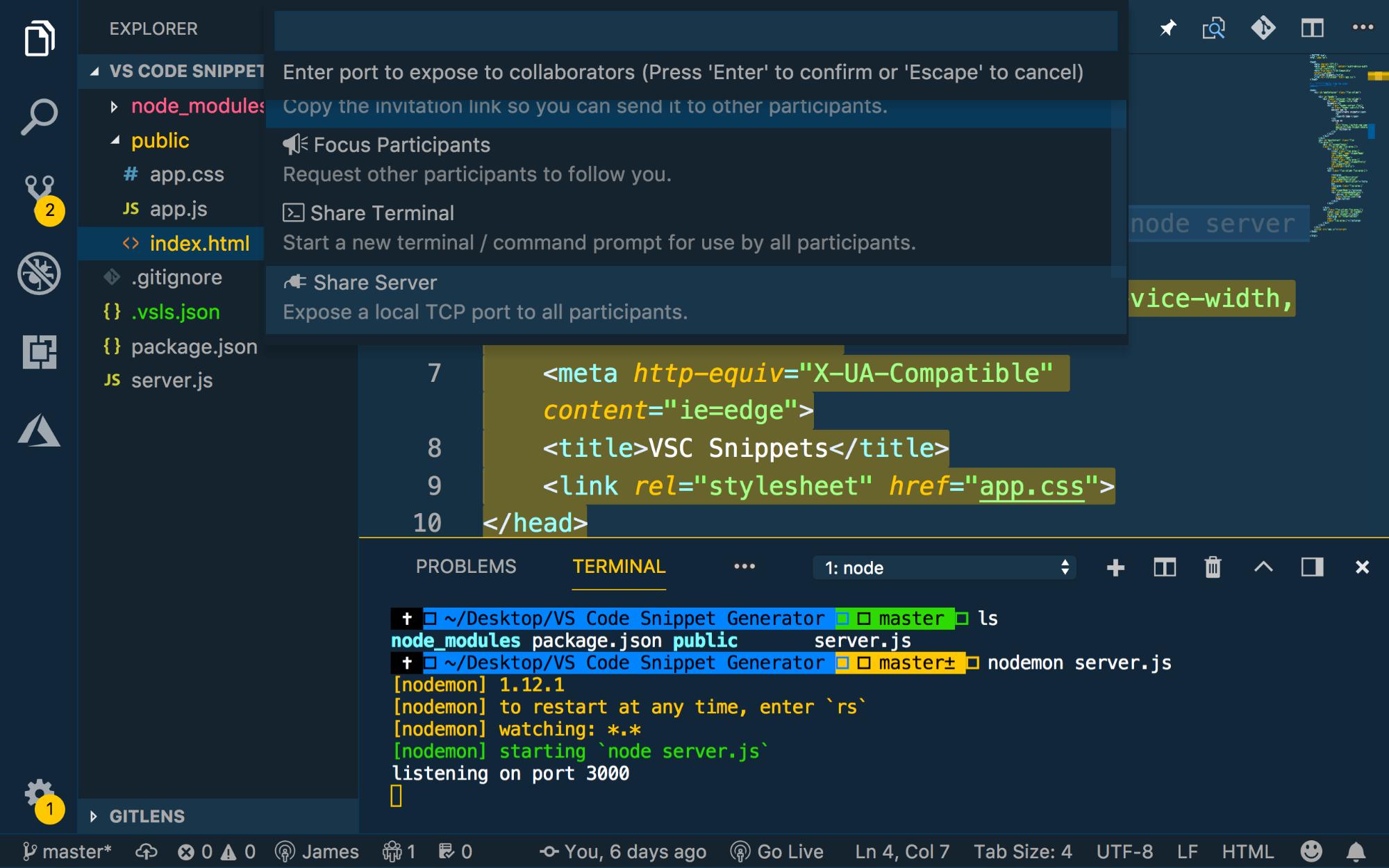 Command Pallete open with Share Server selected
