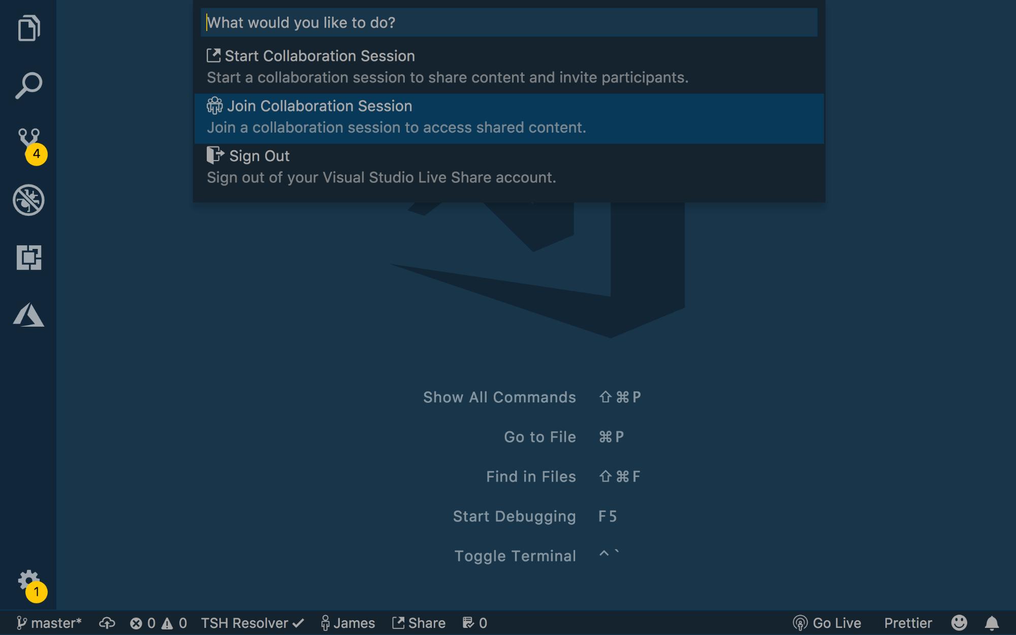 Command Pallete open with Join Collaboration Session selected