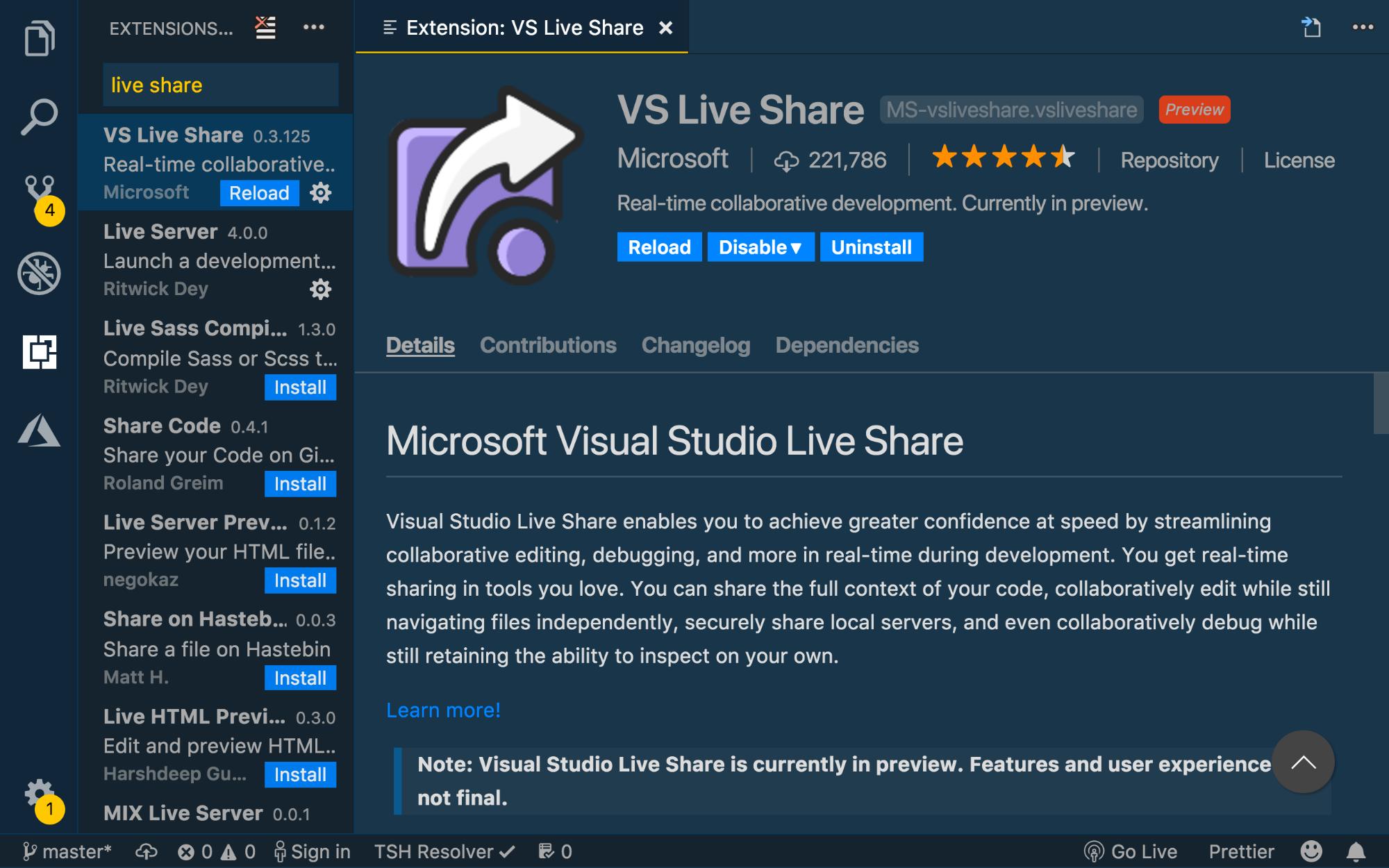 Visual Studio Code extension tab displaying VS Live Share