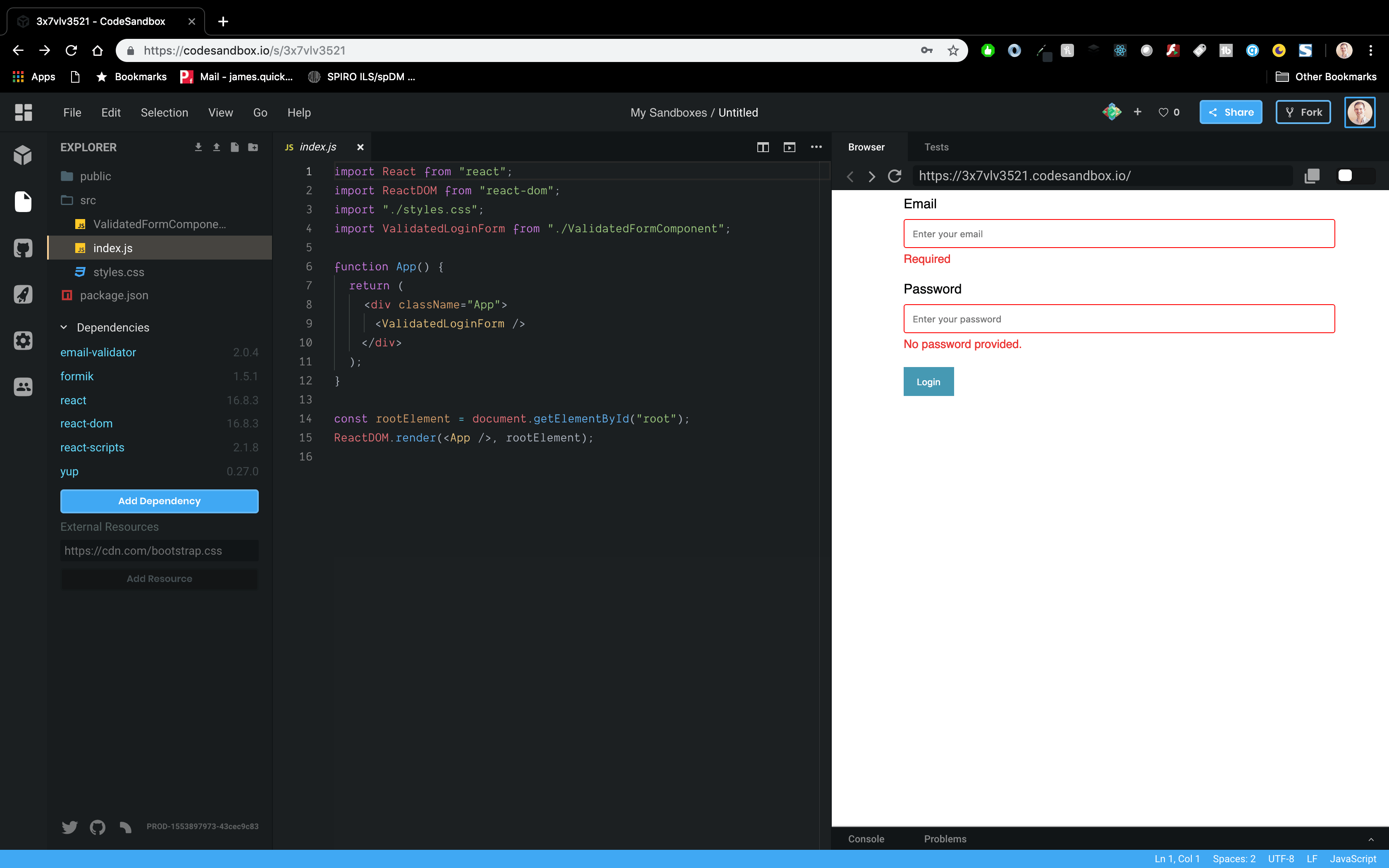Validation messages in the login form