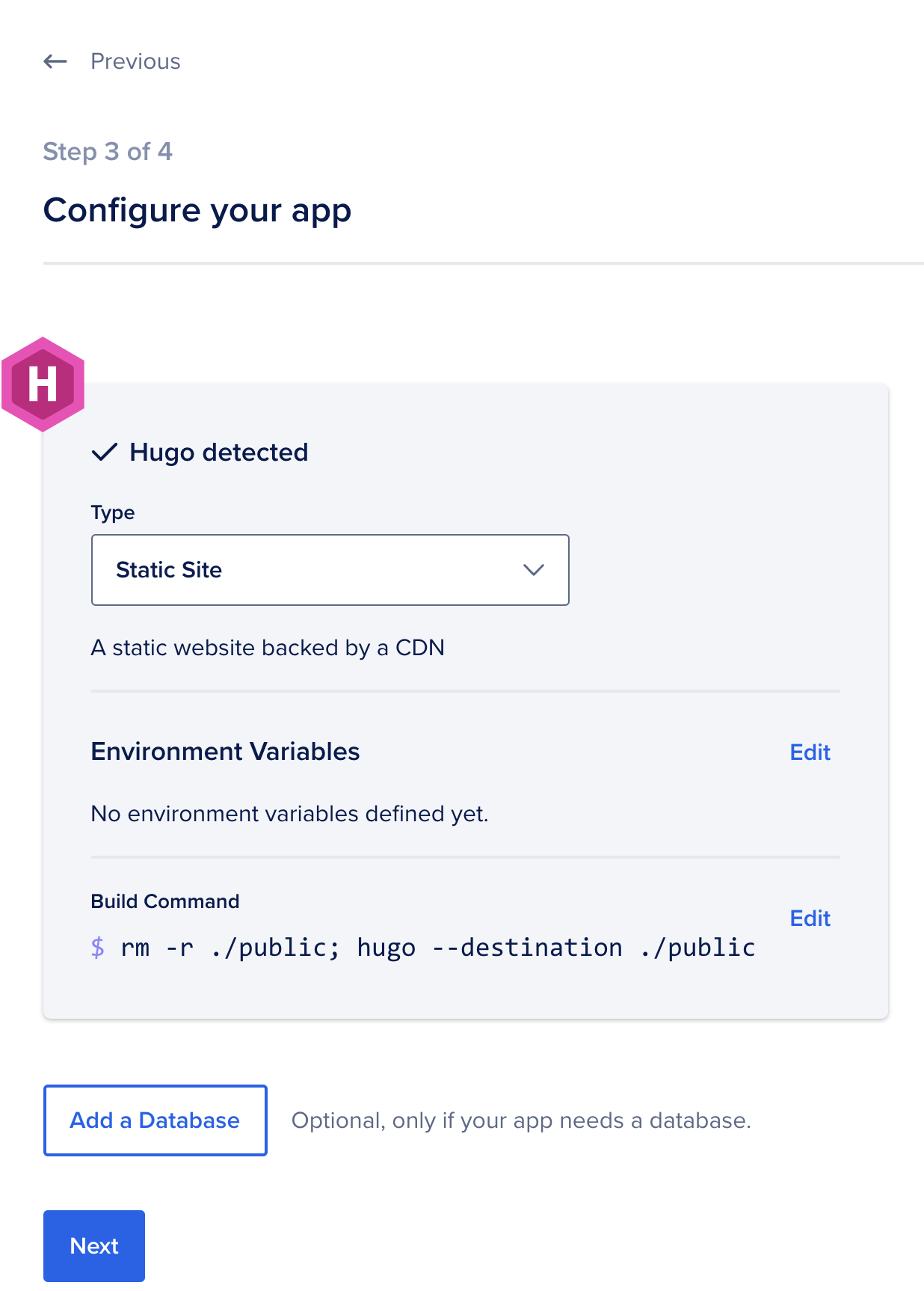Hugo site detected and build command populated