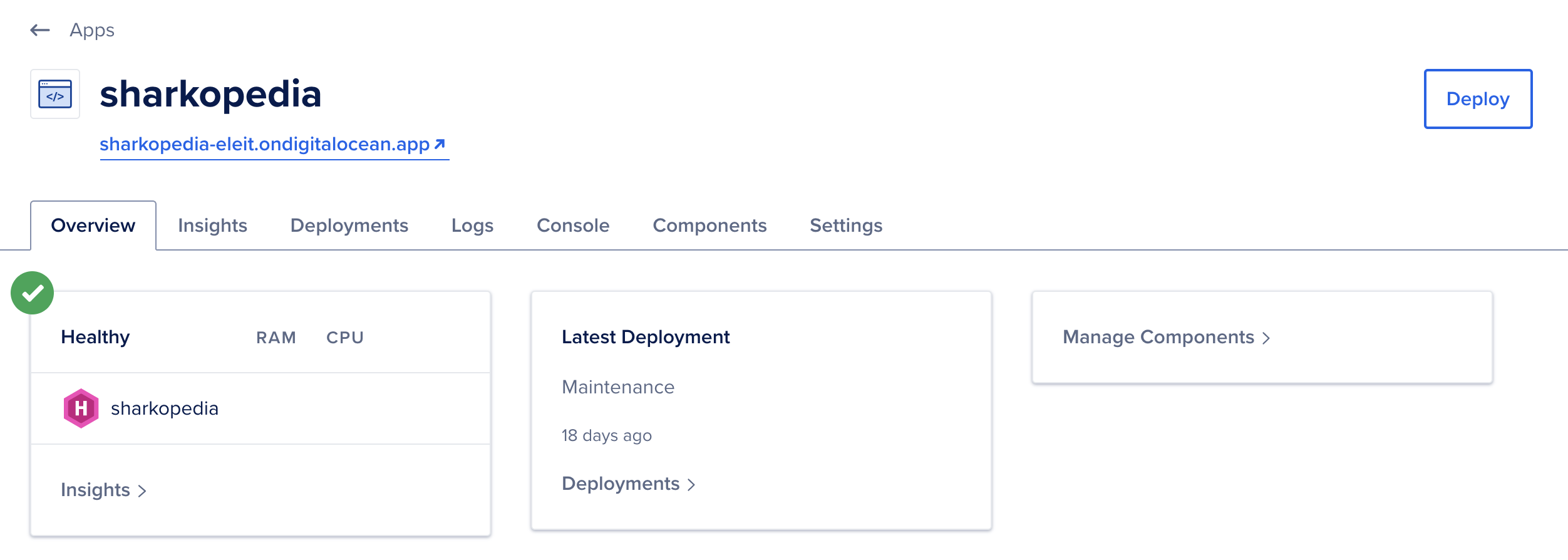 The deployed site in the dashboard