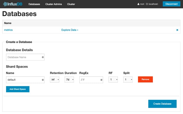 InfluxDB create Database Screen