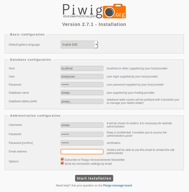 Piwigo Installation Page