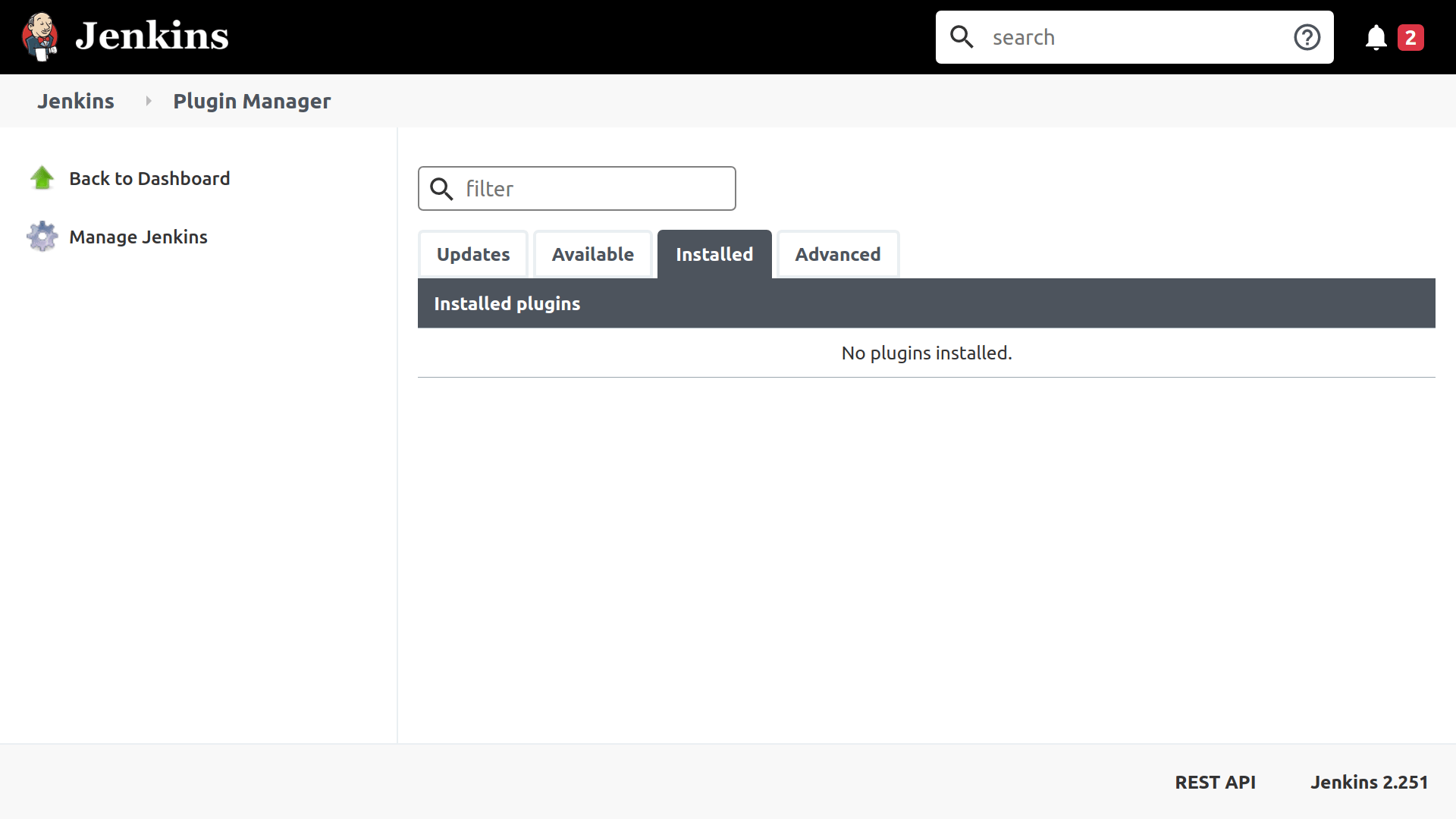 Jenkins dashboard showing no plugins are installed