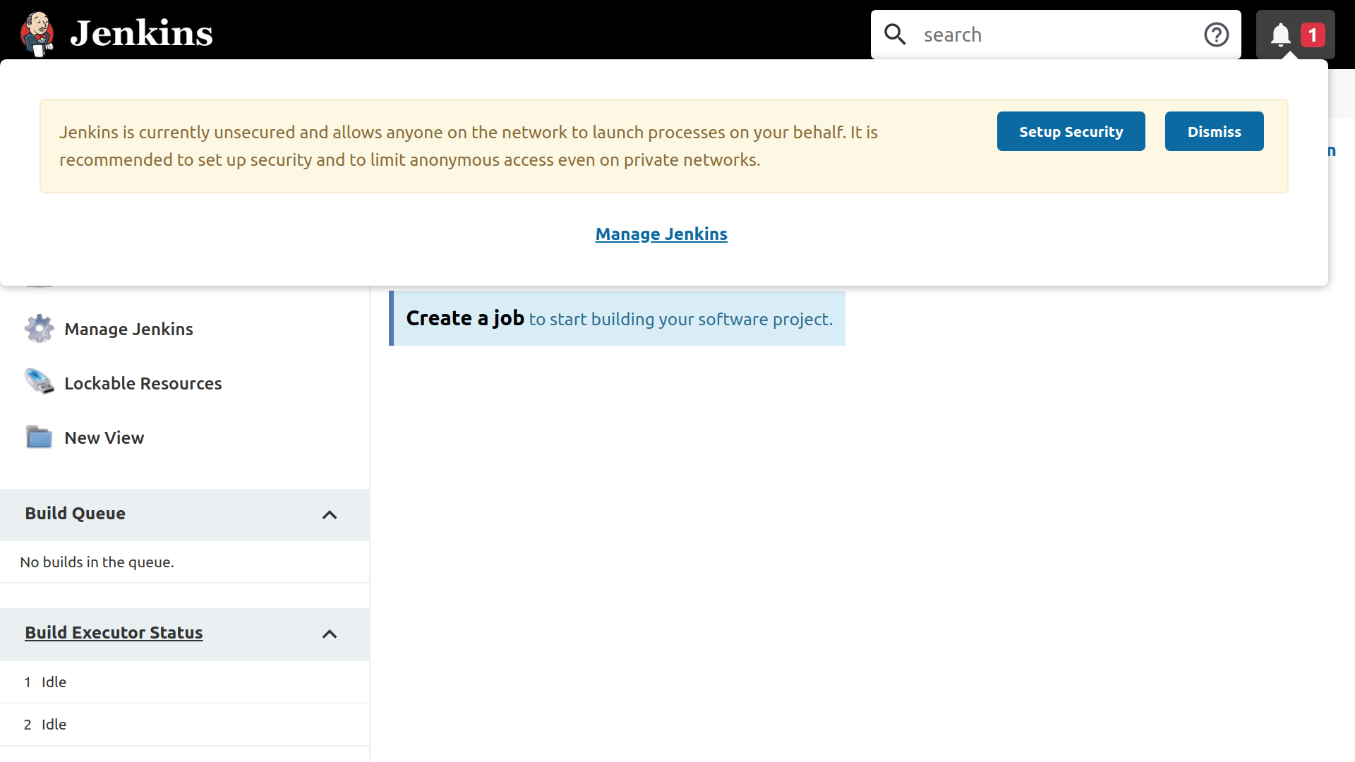 Jenkins Dashboard showing the notification counter has a count of 1