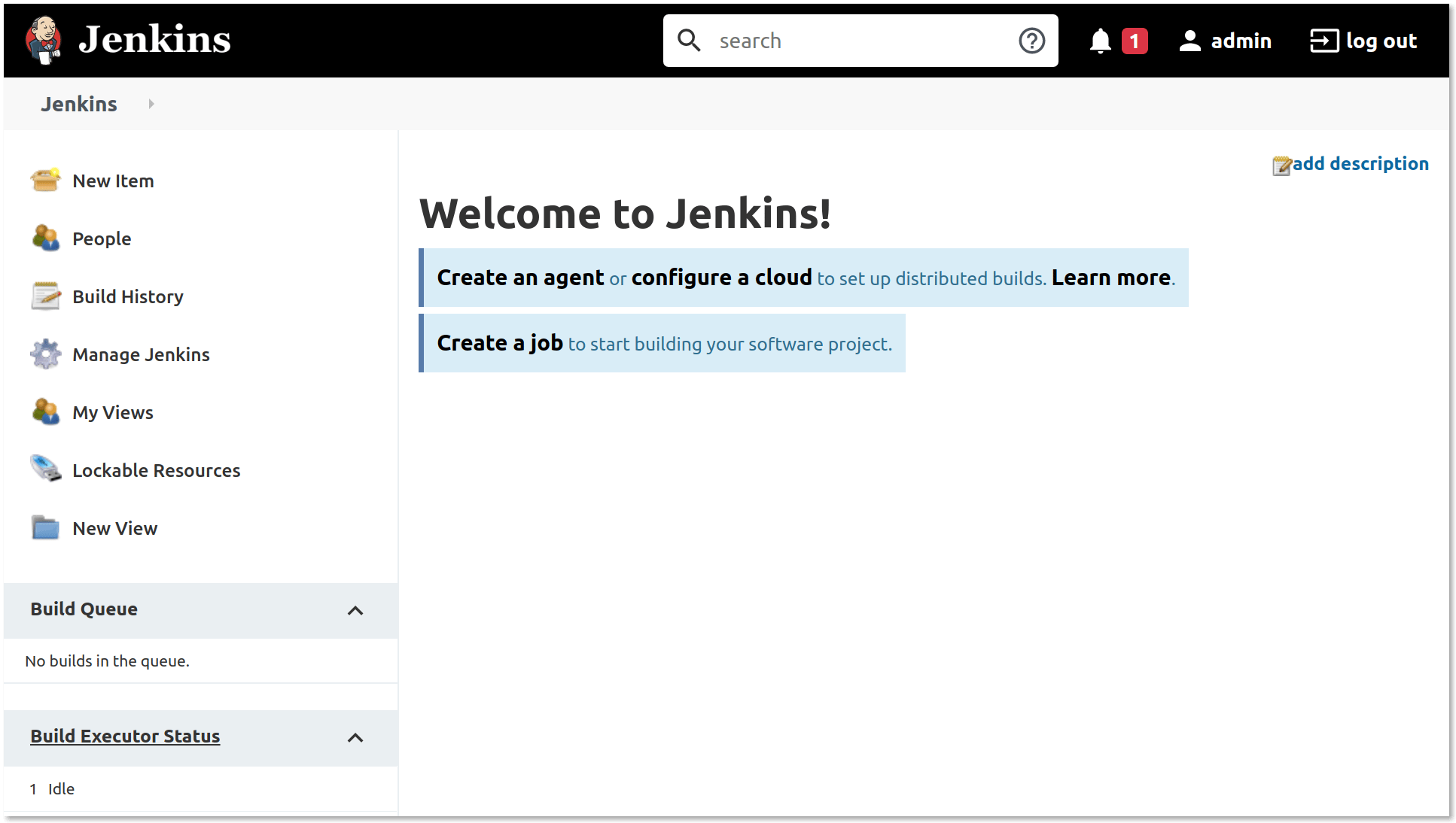 Jenkins Dashboard for authenticated user, showing the user ID and a 'log out' link near the top right corner of the page