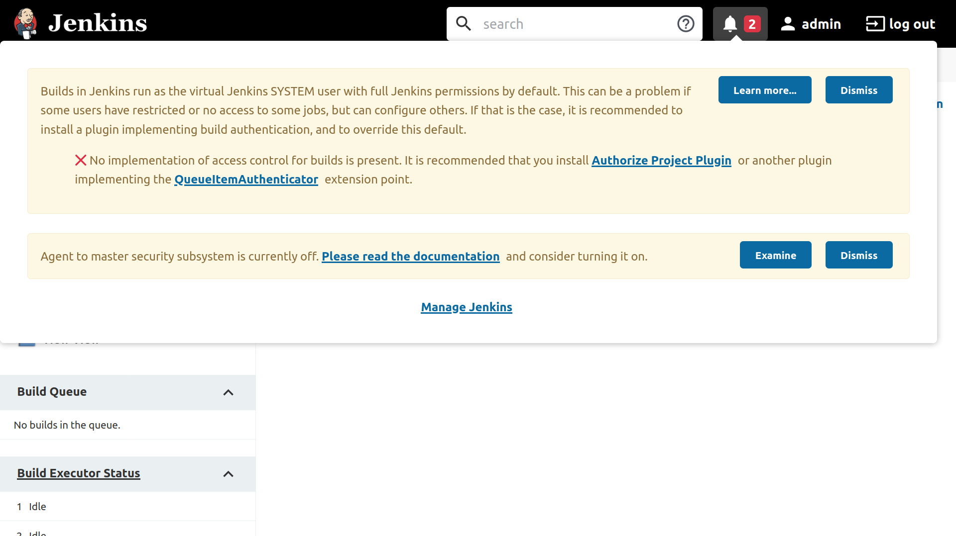 Jenkins Dashboard showing the notifications menu with two issues