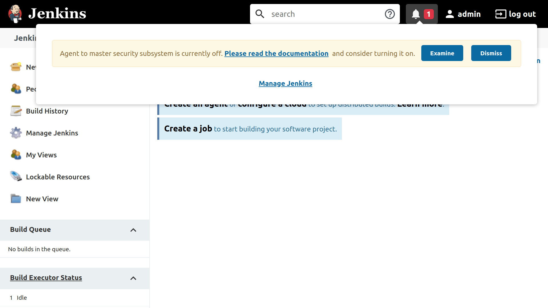 Jenkins dashboard's notification menu showing a single issue related to agent to master security subsystem being turned off