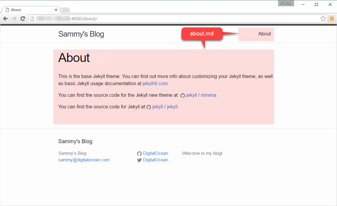 Screenshot with the about.md content highlighted