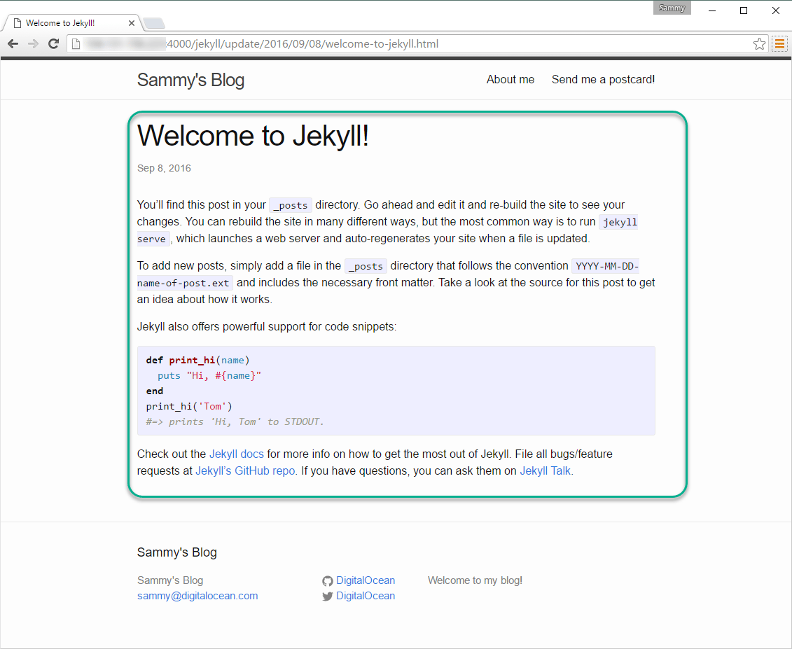 Screenshot of the Welcome to Jekyll post with the main content area highlighted