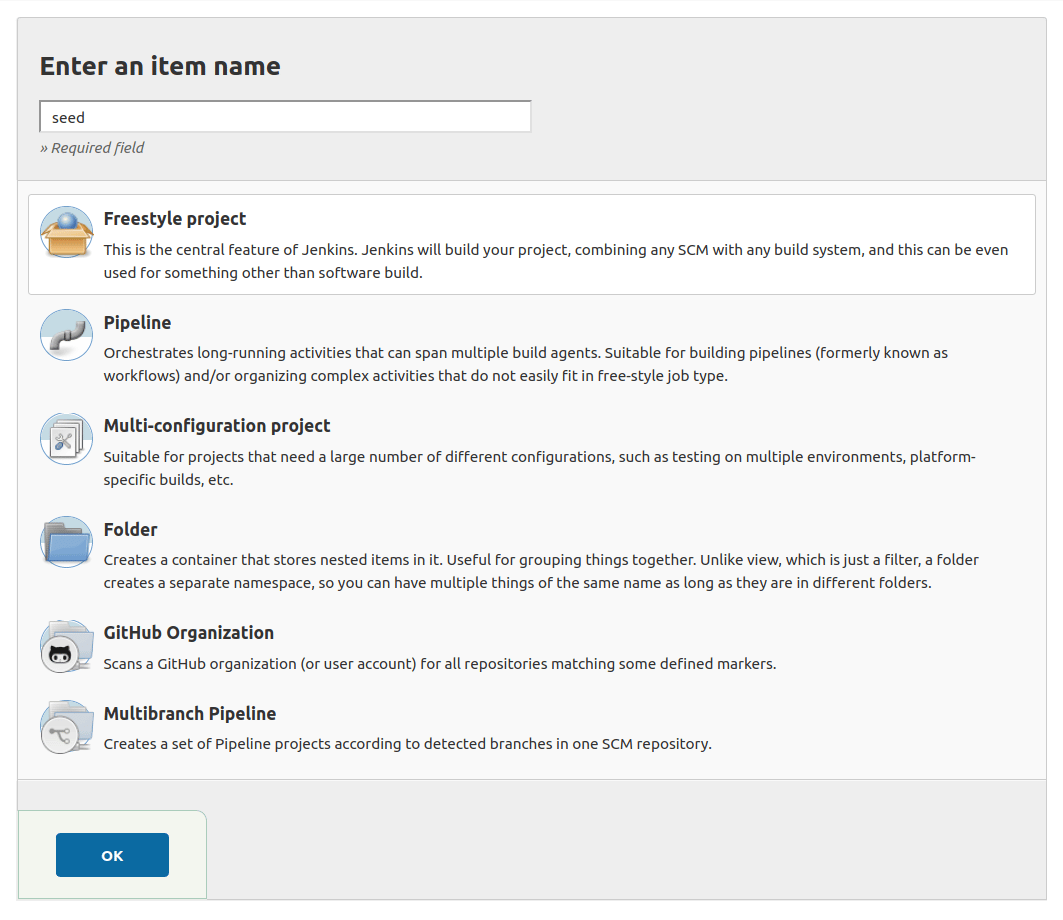 Part of the New Item screen where you give the item the name of 'seed' and with the 'Freestyle project' option selected