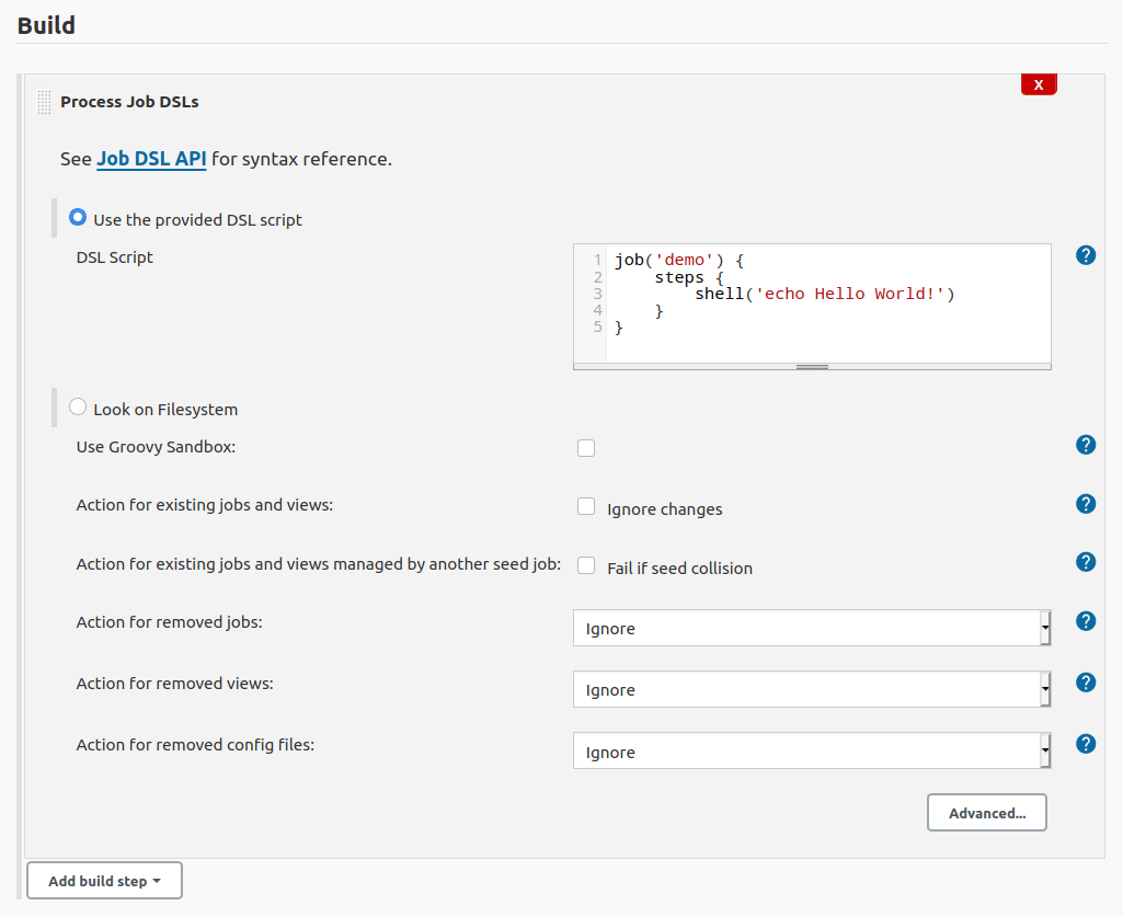 Job DSL script added to the Process Job DSLs build step