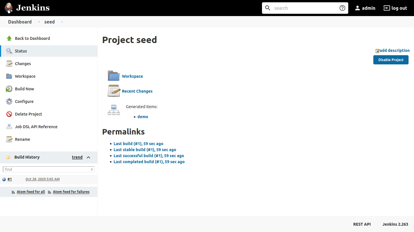 Seed job page showing a list of generated items from running the seed job
