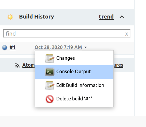 Screen showing the Console Output option selected in the dropdown for Build #1 inside the Build History box