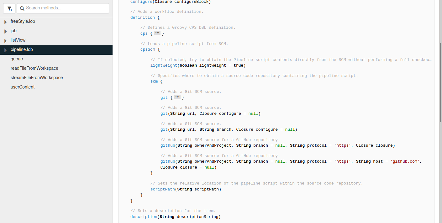 Expanded view of the pipelineJob API method block