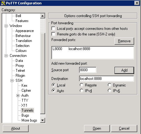 Настройте туннель SSH в Putty