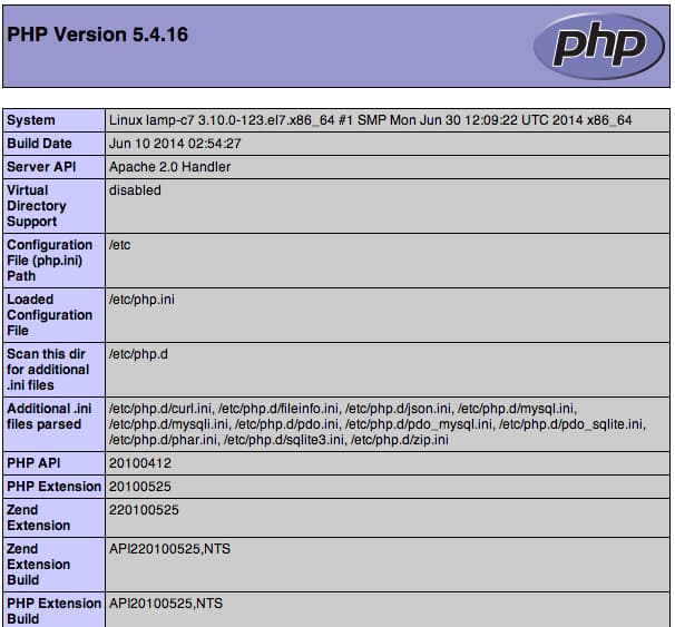 CentOS 7 default PHP information web page containing information about the current PHP configuration
