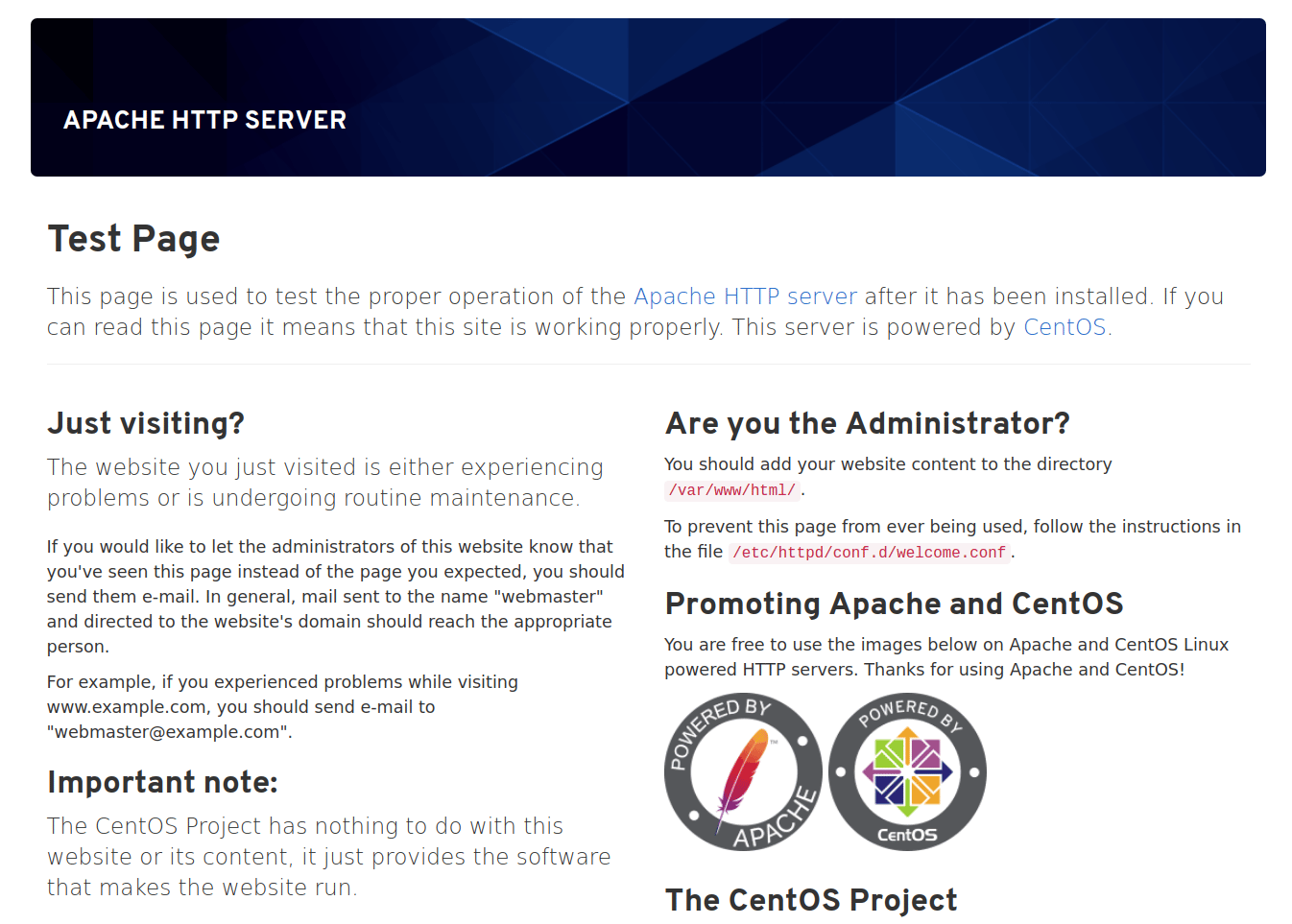 Страница Apache по умолчанию в CentOS 8