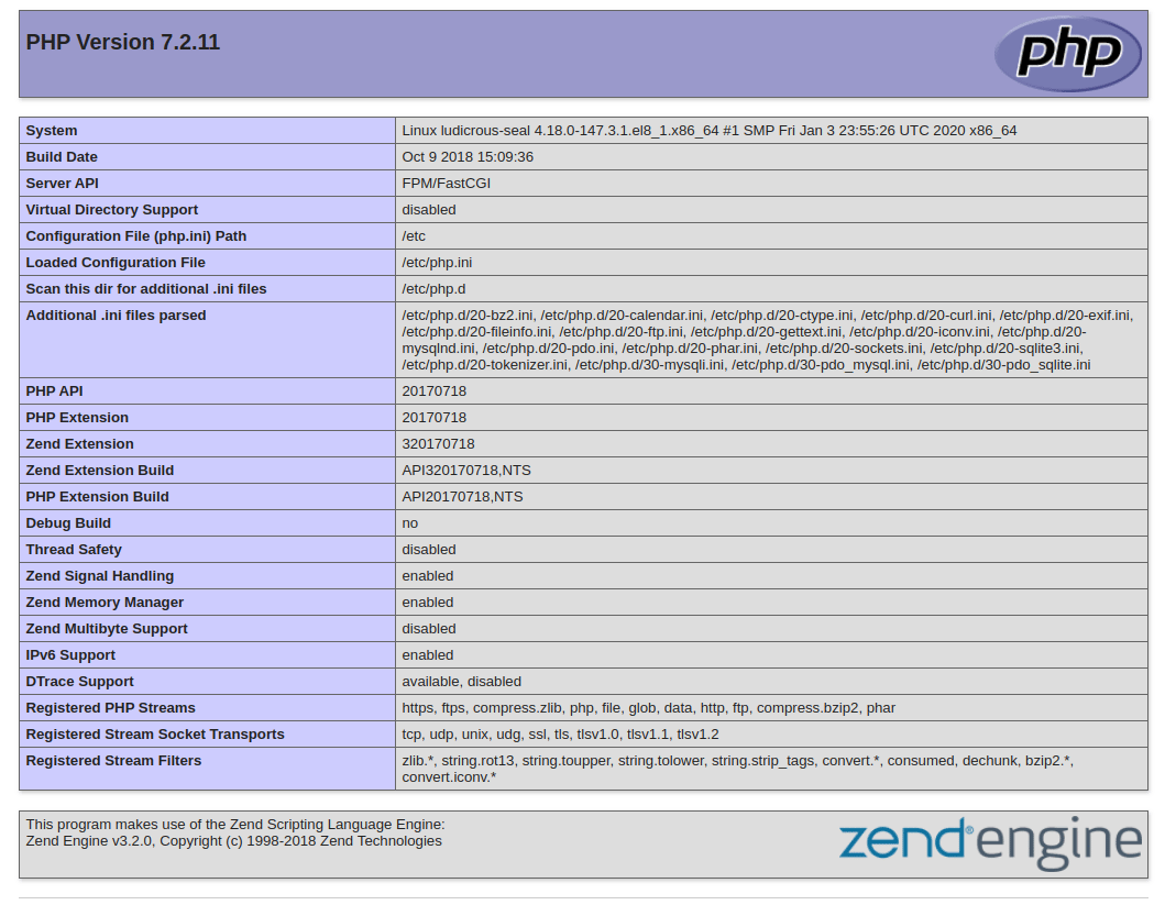 Отображаемая по умолчанию страница с данными PHP Apache в CentOS 8