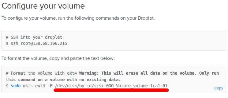 The config instructions show the device for the created block storage.
