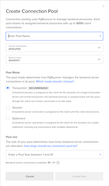 Connection Pools Config Window