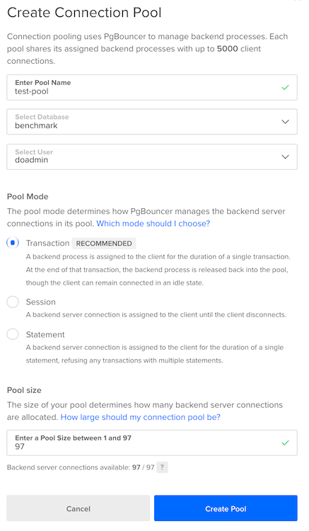 Connection Pool Configuration Values