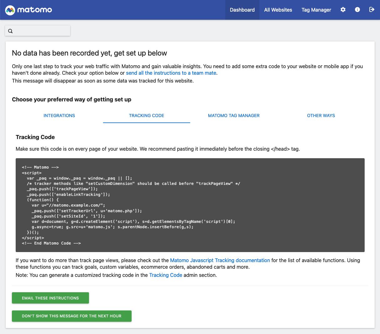 Screenshot of Matomo's homepage dashboard with a placeholder indicating "No data has been recorded yet" and instructions on how to set up the tracking code
