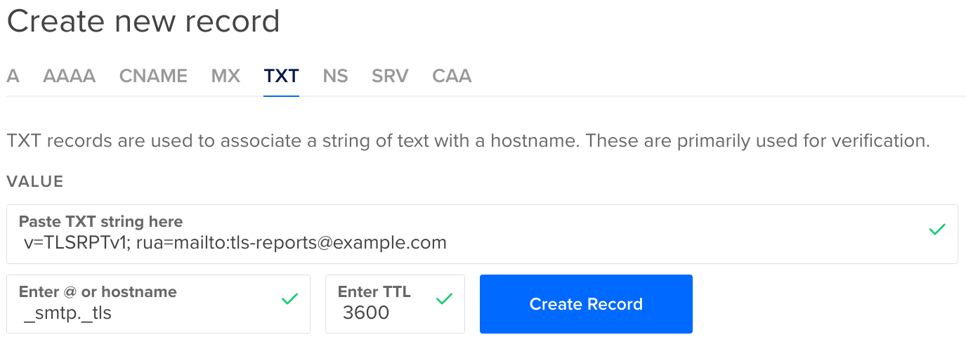 A screenshot of the DigitalOcean control panel, showing the _smtp._tls DNS TXT record being set.