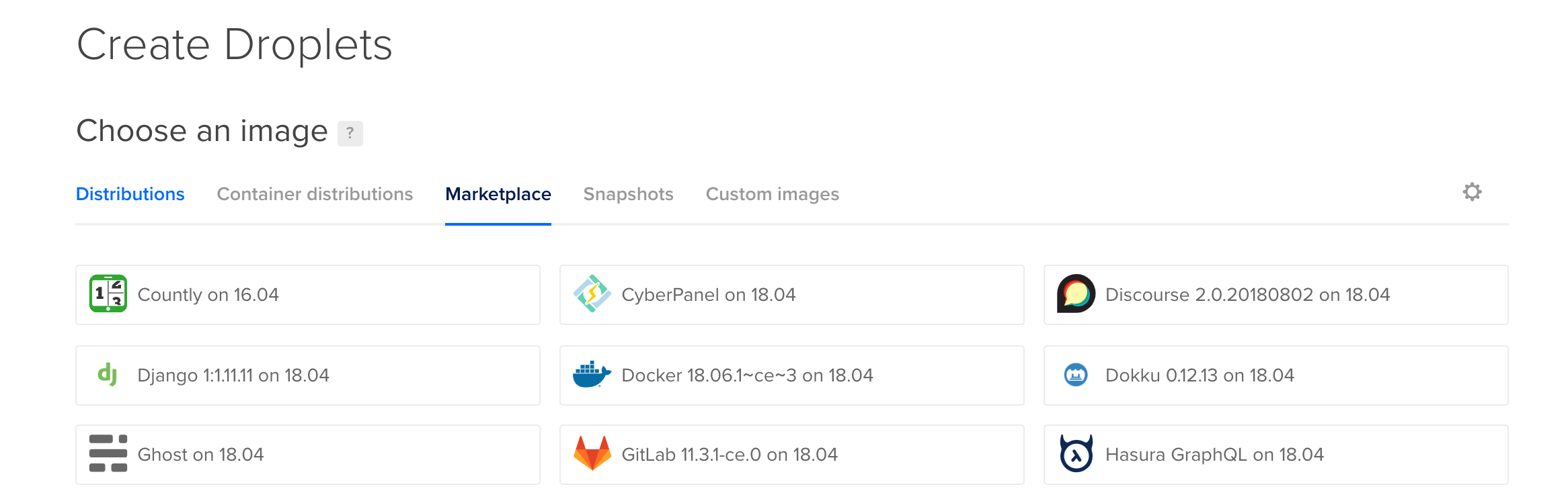 Seleccione la imagen de Docker 18.06 del menú One-click Apps