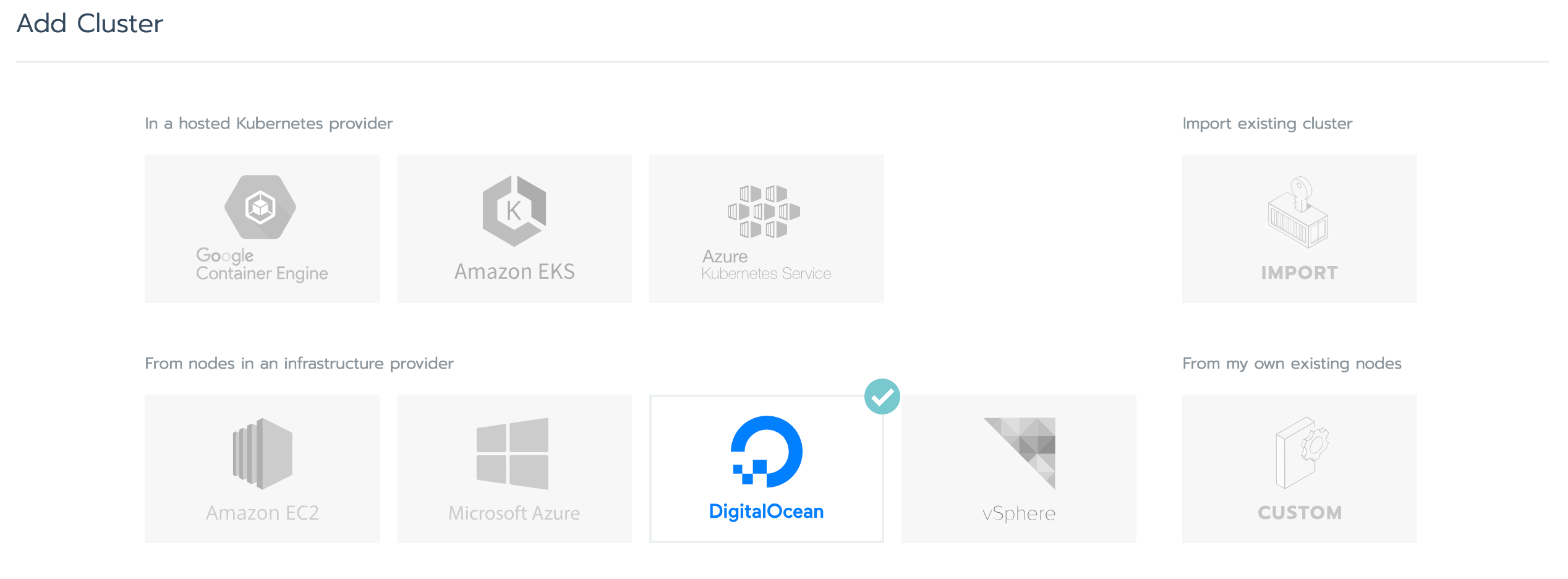 Seleccione DigitalOcean en la lista de proveedores de infraestructura