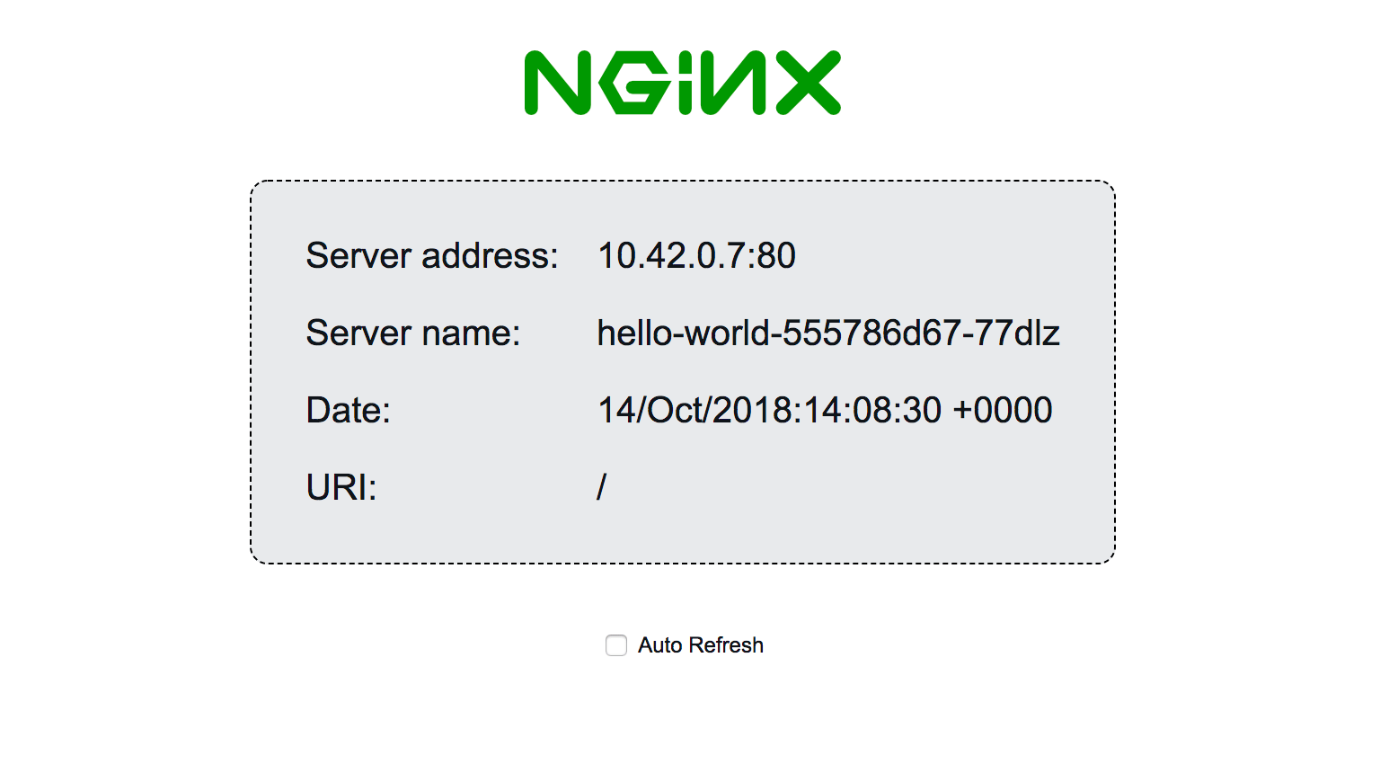 Dirección del servidor, nombre del servidor y otros resultados del contenedor de NGINX en ejecución