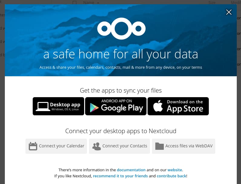 Nextcloud client modal