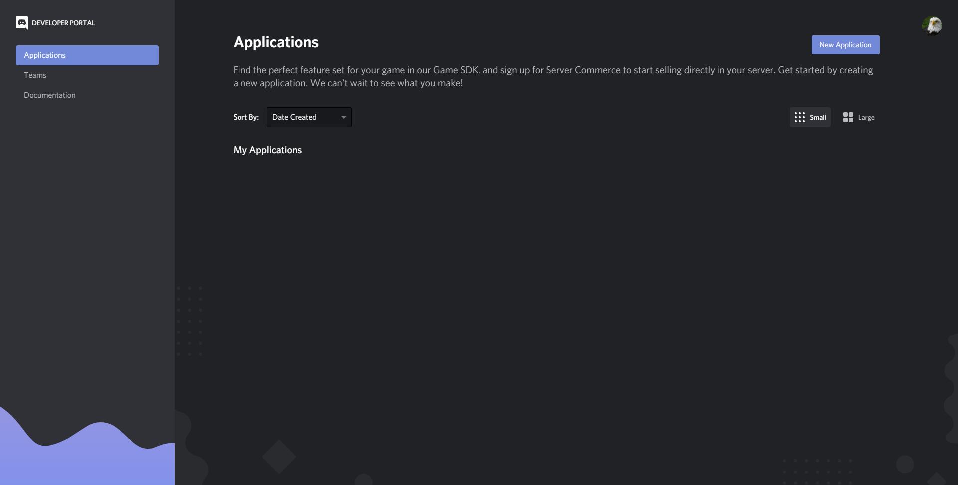 Abbildung des Dashboards der Discord-Anwendung nach dem ersten Besuch von https://discord.com/developers/applications