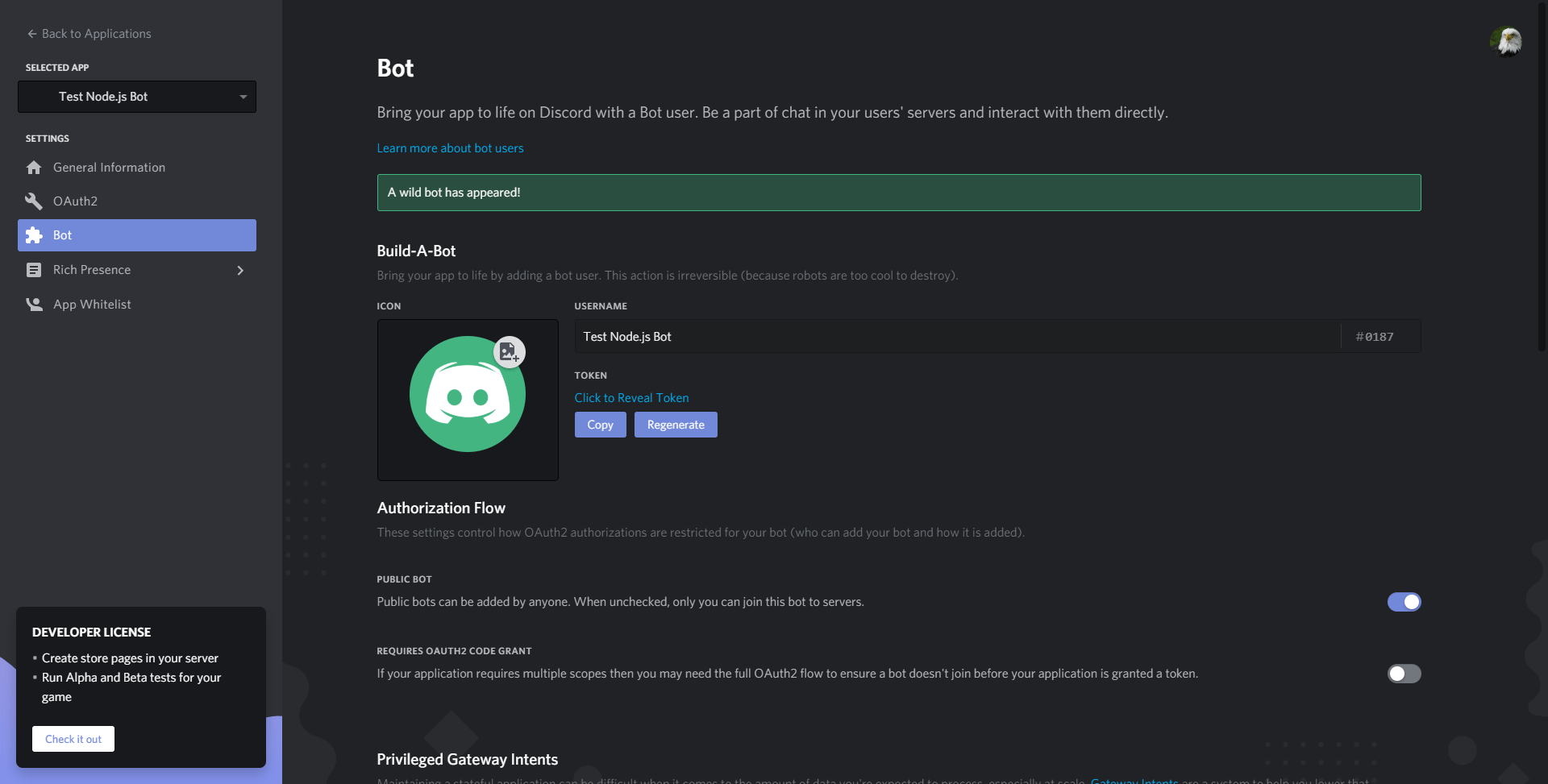 Dashboard mit Details Ihres Bots